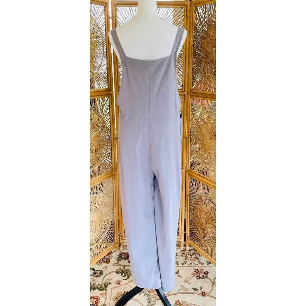 Light Gray Cotton Wide Leg Jumpsuit Romper with Pockets - Picture 2 of 6